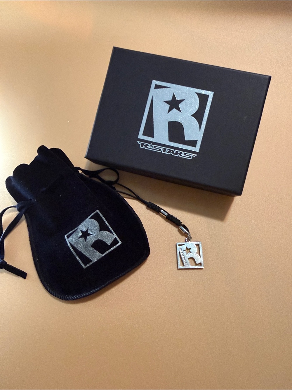 Black and Silver 925 Logo Charm Keychain with Velvet Pouch